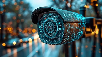 Poster - modern surveillance camera digitally enhanced with a futuristic design in an urban night setting