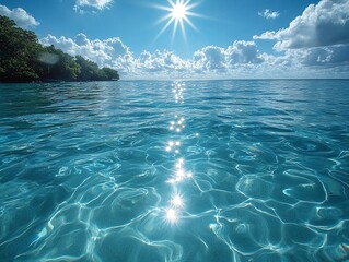 Wall Mural - Sunshine illuminating the crystal-clear turquoise water of a tropical ocean. A tranquil island paradise.