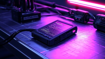 Poster - Futuristic handheld device with digital display on metallic surface, illuminated by pink neon light.