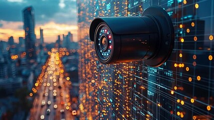 Poster - Surveillance camera in urban setting capturing the vibrant city lights at dusk