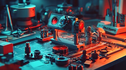 Poster - Futuristic device on a cluttered workbench with vibrant lighting.