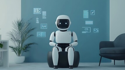 Poster - Robot assistant in modern office, displaying digital data.