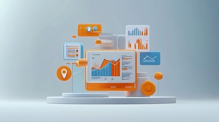 Poster - 3D illustration of data analytics dashboard with charts and graphs on a platform.