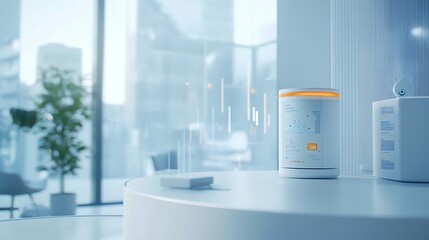 Poster - Smart home device displaying data on a table in a modern office with a city view.