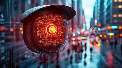 Poster - Surveillance camera with digital features overlooking a bustling city street on a rainy evening
