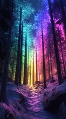 Poster - Rainbow Illuminated Path Through Snowy Forest