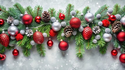 Wall Mural - Festive Christmas garland with red ornaments, pinecones, frosted greenery, colorful and silver baubles, Christmas, garland