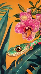 Sticker - Vibrant Green Snake Among Pink Orchids and Lush Tropical Leaves