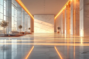 Aufkleber - Minimalist Modern Room with Large Grey Wall and Geometric Patterned Floor in Soft Ambient Light