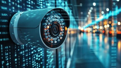 Poster - modern surveillance camera monitoring a digital environment in a city at night