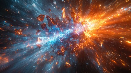 Poster - Shattered Glass Fragments Illuminated by Blue and Orange Light Rays Abstract Cosmic Explosion