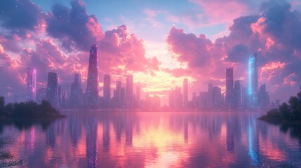 Poster - Futuristic Cyberpunk Cityscape with Neon Skyscrapers at Dusk