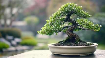 A meticulously shaped bonsai tree in a tranquil setting, radiating serenity and mindfulness close up, balance and harmony concept, ethereal, overlay, Japanese zen garden backdrop