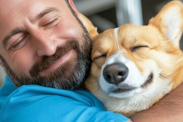 Wall Mural - A man is hugging a dog