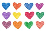 Colorful crayon hearts on white background in various colors