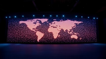 Poster - A vibrant digital display of a world map illuminated with colorful lights, set against a dark background, creating a futuristic atmosphere.