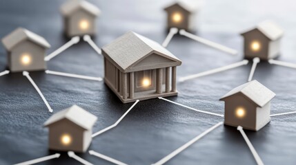 Poster - A central building connected to illuminated model houses, symbolizing a network or community infrastructure.