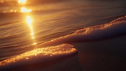 Poster - Sunlit Ocean Waves with Foam at Sunset on Tranquil Beach Shore