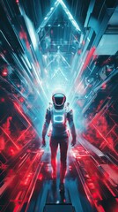Wall Mural - astronaut walking through futuristic neon corridor