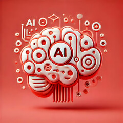 Canvas Print - 3D Plain red background with abstract AI brain design concept as A plain red background showcasing an abstract design of a brain symbolizing AI leaving generous copy space. The bold visual is perfect 