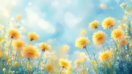 Canvas Print - Dandelions in Bloom under Blue Sky and White Clouds