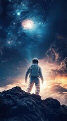 Wall Mural - astronaut stands on rocky outcrop gazing at a celestial galaxy