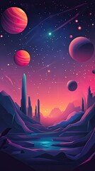 Poster - Alien Planet Cityscape with Glowing Planets and Stars