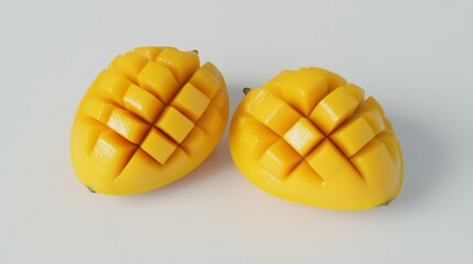 Wall Mural - Two Freshly Cut Mangoes on White Background