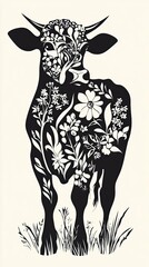 Poster - Black And White Floral Cow Design Illustration