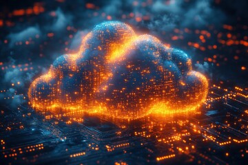 Leinwandbilder - Futuristic Cloud Computing Concept Digital Background with Glowing Binary Code and Circuit Board