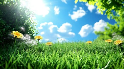 Wall Mural - a stunning meadow field featuring fresh grass and bright yellow dandelion flowers, with a soft blue 