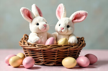Wall Mural - Easter basket with colored eggs and bunny plush toys on a soft pastel background
