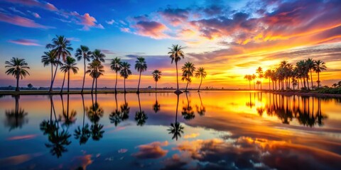 Wall Mural - of a serene oasis sunset landscape with palm trees and tranquil water reflecting the colorful sky, oasis, sunset