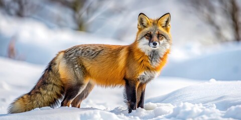 Wall Mural - cross fox with orange and black fur standing in snow , wildlife, mammal, winter, nature, animal, fur