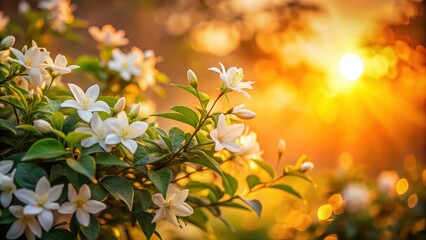 Wall Mural - Jasmine bush glowing in warm sunset light, Jasmine, bush, flowers, sunlight, nature, garden, sunset, evening, warm, glow