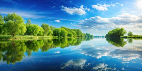 Wall Mural - Serene water surface reflecting greenery and sky, serene, water, surface, ripples, reflections, greenery, sky, peaceful