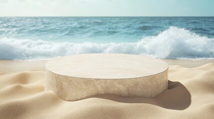 Poster - Minimalist Round Display Stand on Sandy Beach with Ocean View