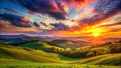 Wall Mural - vibrant sunset over rolling hills, showcasing nature's beauty and tranquility, sunset, vibrant, roll