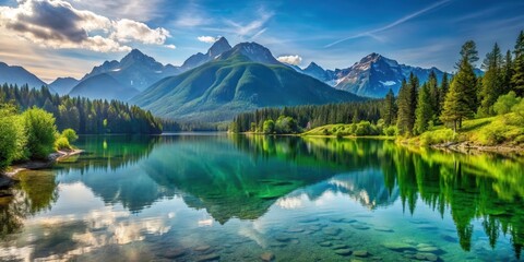 Wall Mural - Scenic lake with majestic mountains and lush trees in the background, nature, landscape, serene, peaceful, tranquil