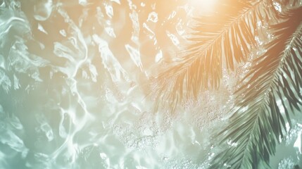 Poster - Serene Water Surface with Palm Leaf and Soft Sunlight Reflections
