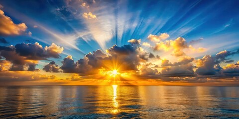 Wall Mural - Calm and serene sunset over the sea with sun rays shining through the clouds , sunset, sea, sun rays, render,tranquil, serene