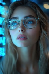 Poster - Futuristic Office Scene with Digital Financial Technology and Cyberpunk Aesthetic