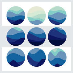 Poster - Abstract circle package Mountain landscape with curved blue line silhouettes.