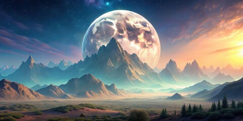 Wall Mural - Surreal pastel mountain landscape with large moon, surreal, pastel, mountain, landscape, large moon, fantasy, dreamy, ethereal