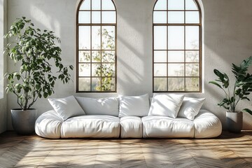 Aufkleber - minimalist bright living room with white sofa and wooden floors modern design