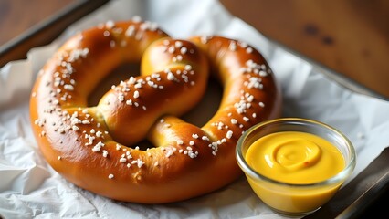 Soft pretzels with coarse salt served with mustard dipping sauce