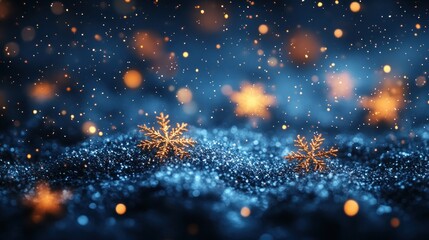 Fototapete - deep blue winter christmas background with golden bokeh snowflakes and sparkling light effects