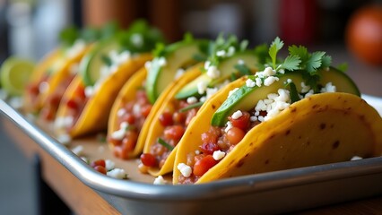 Tacos filled with vibrant toppings served on a food truck tray