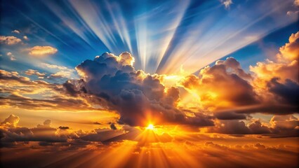 Wall Mural - Sunset sun rays shining through the clouds above, creating a magical and picturesque scene , sunset, sun, rays, clouds, above