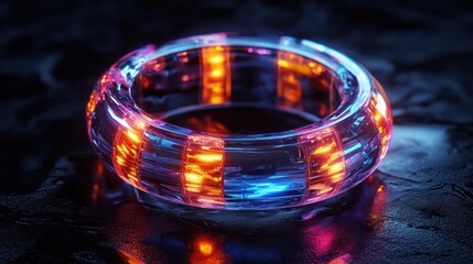 Aufkleber - Futuristic Metallic Ring with Neon Lights Against Black Background in Hyper-Realistic 3D Render
